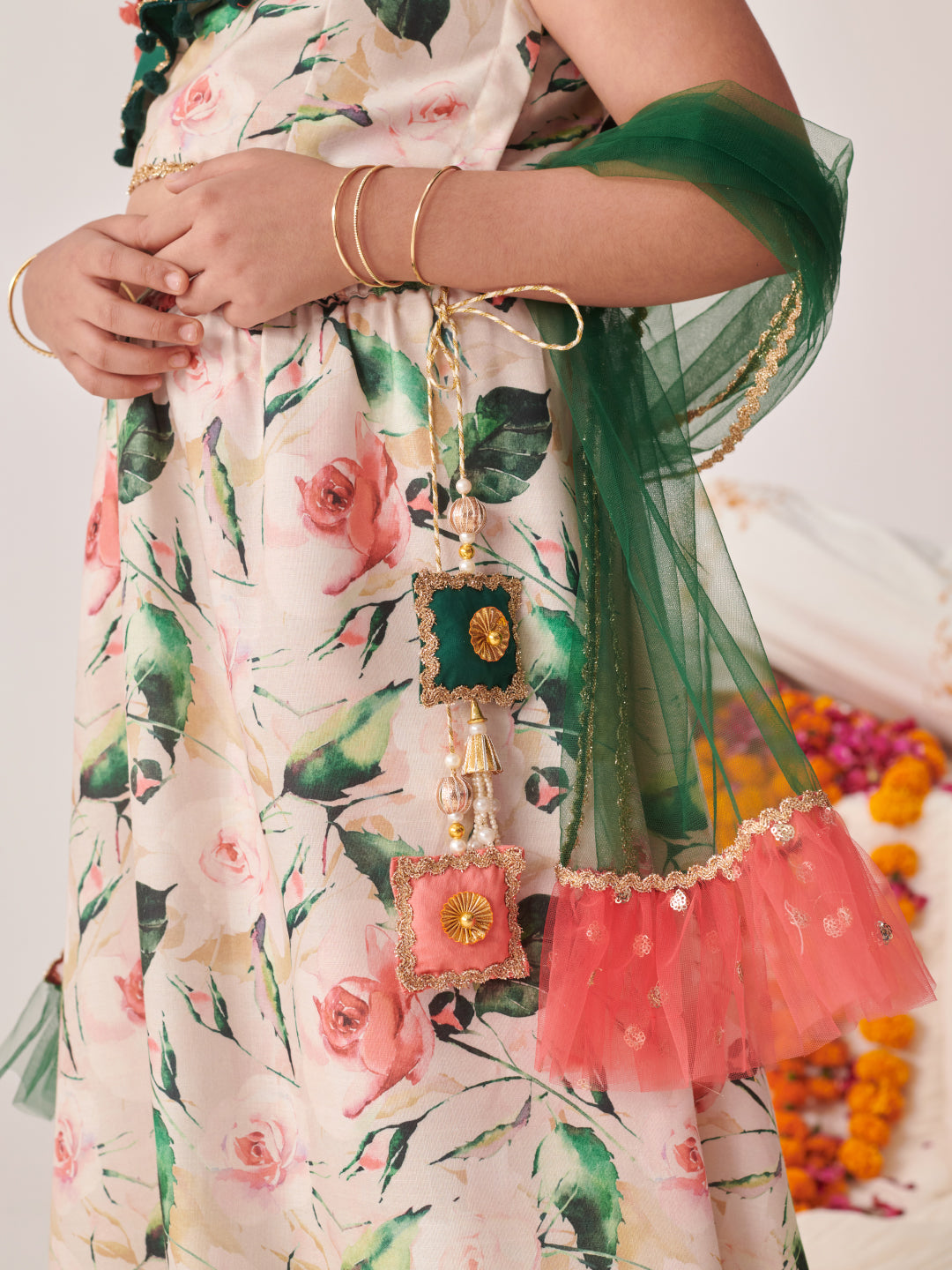 Girls Printed Thread Work Ready To Wear Lehenga Blouse With Dupatta (L-PEACHGREENFLARE)