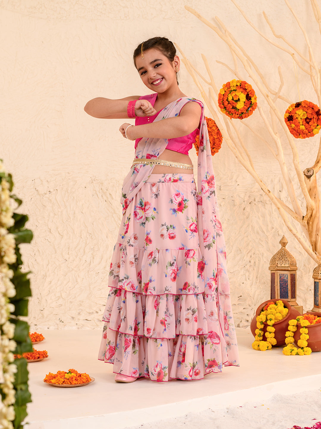 Girls Printed Ready to Wear Lehenga Choli (L-PEACHROSE)