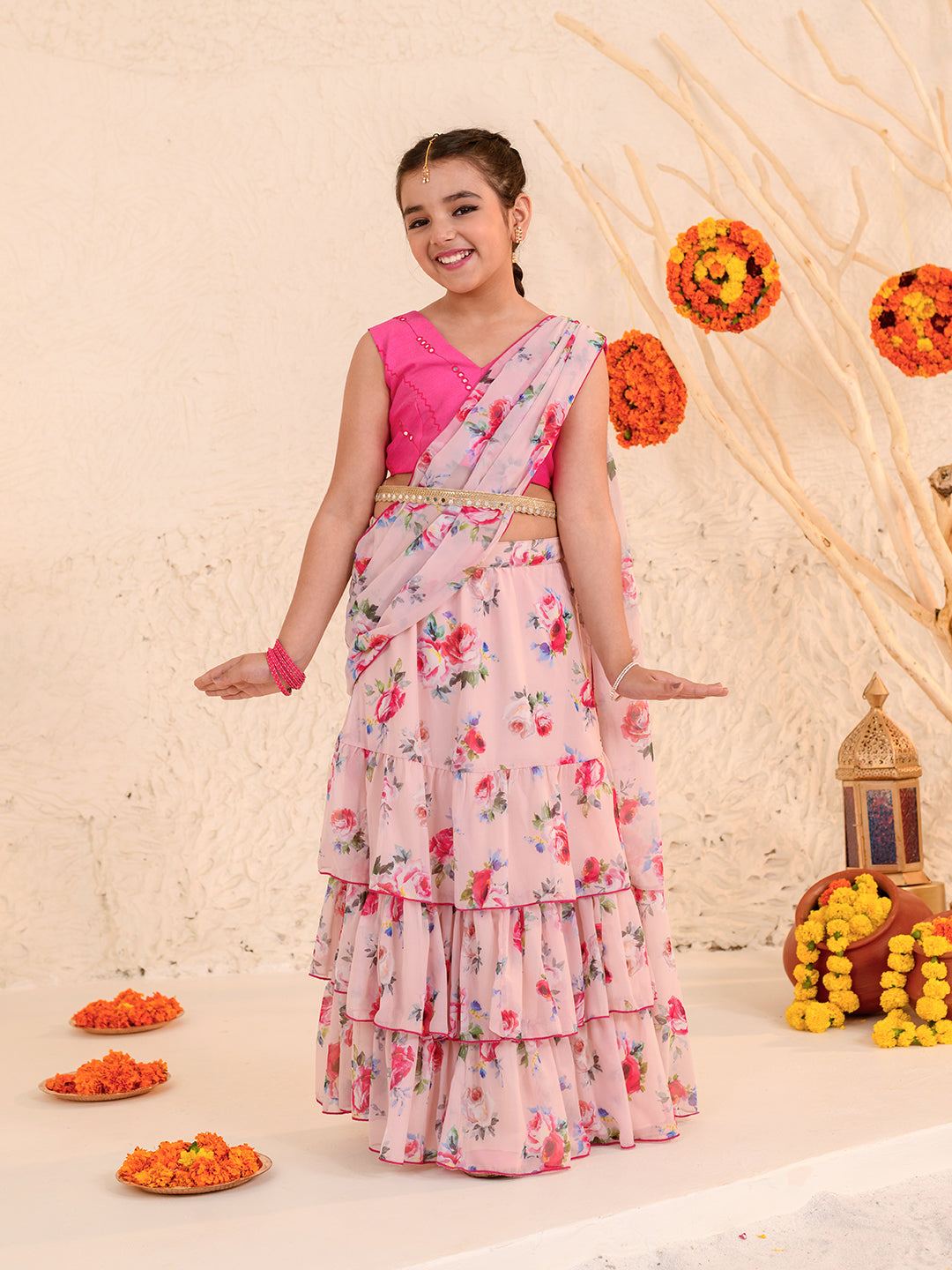 Girls Printed Ready to Wear Lehenga Choli (L-PEACHROSE)