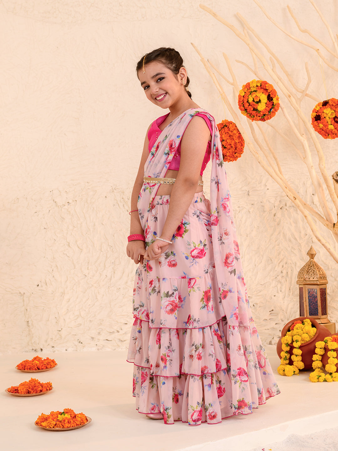 Girls Printed Ready to Wear Lehenga Choli (L-PEACHROSE)