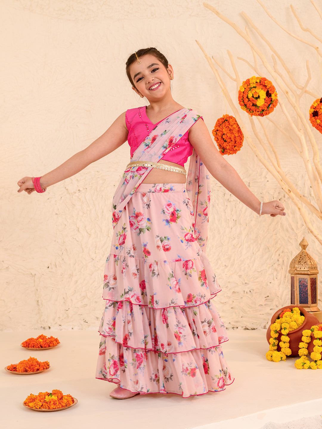 Girls Printed Ready to Wear Lehenga Choli (L-PEACHROSE)