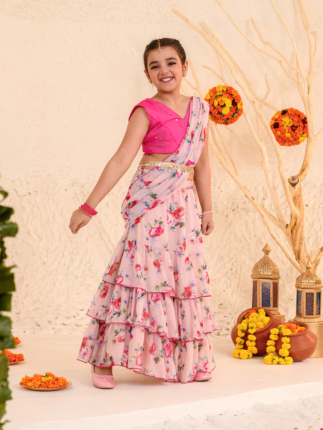 Girls Printed Ready to Wear Lehenga Choli (L-PEACHROSE)