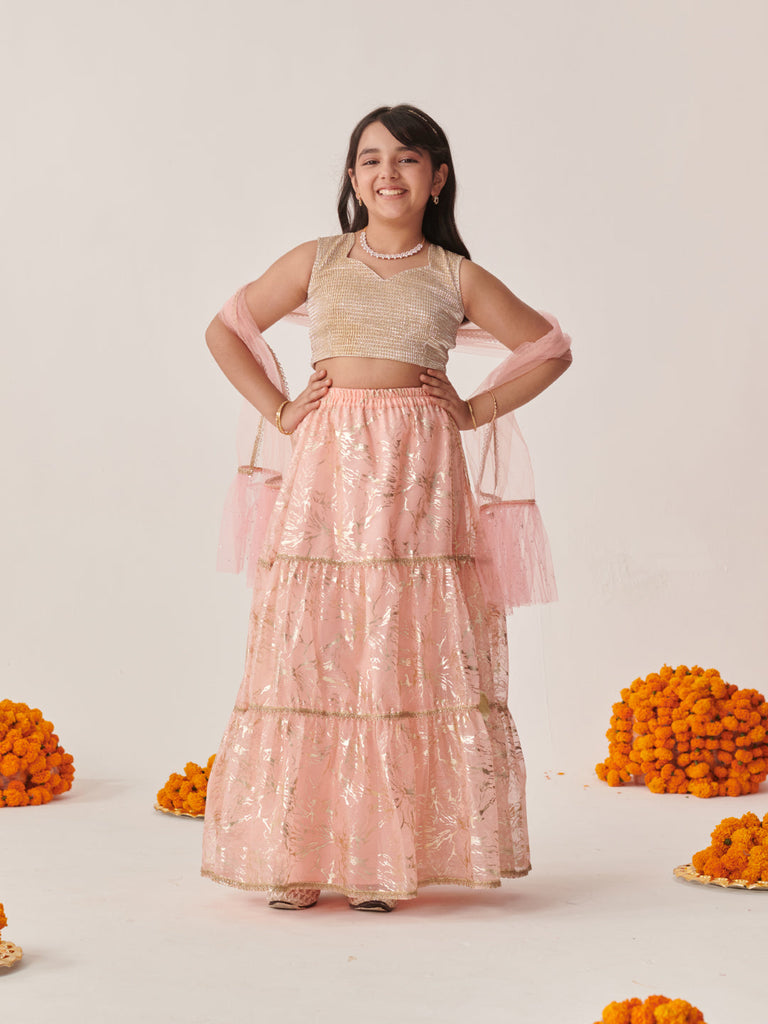 Girls Printed Ready To Wear Lehenga Blouse With Dupatta (L-PEACHSHIMMARI)