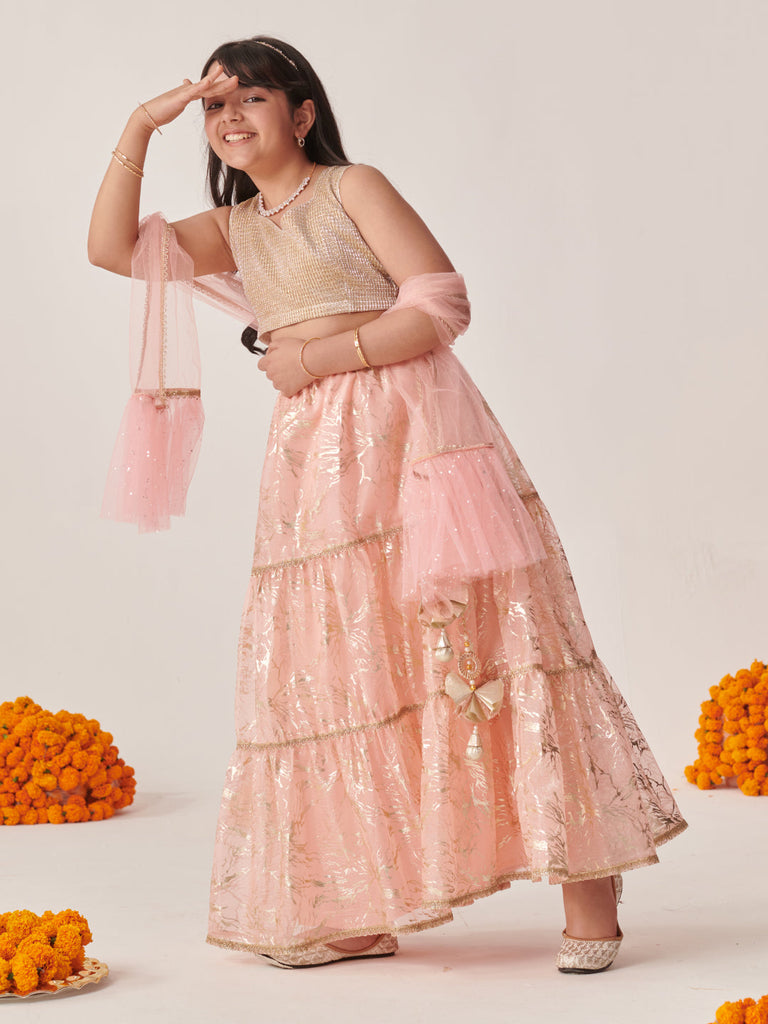 Girls Printed Ready To Wear Lehenga Blouse With Dupatta (L-PEACHSHIMMARI)