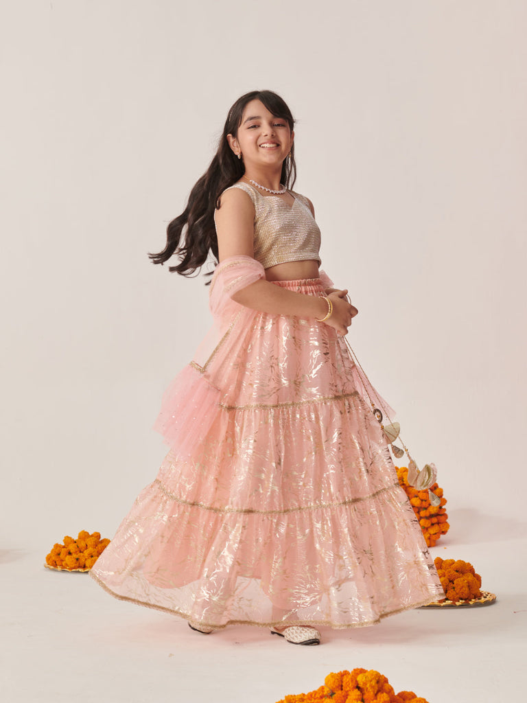 Girls Printed Ready To Wear Lehenga Blouse With Dupatta (L-PEACHSHIMMARI)
