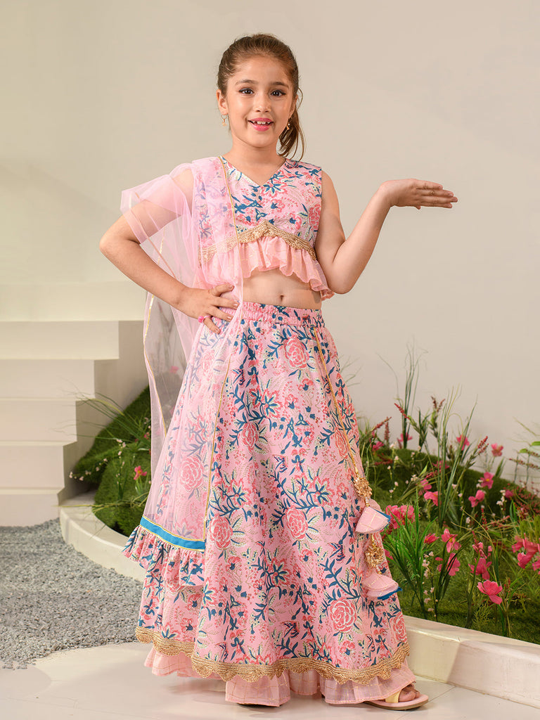 Girls Printed Ready to Wear Lehenga & Blouse With Dupatta (L-PINKBLUEJAAL)
