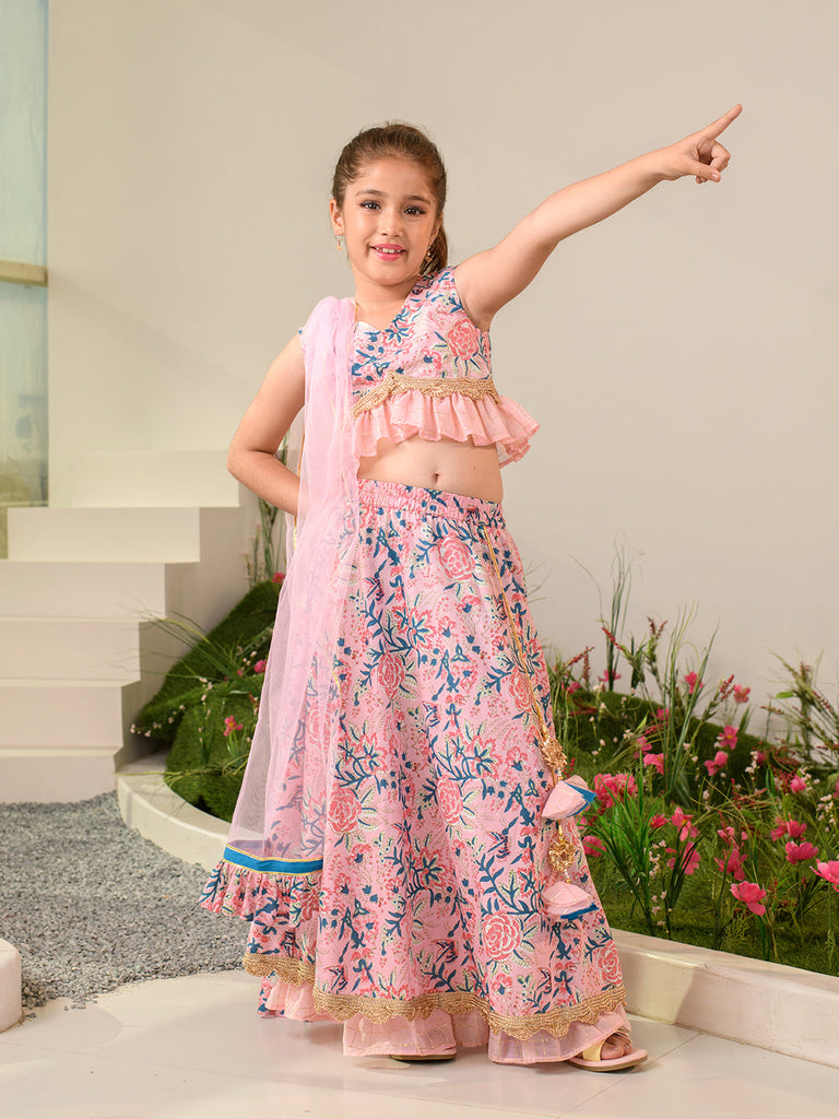 Girls Printed Ready to Wear Lehenga & Blouse With Dupatta (L-PINKBLUEJAAL)