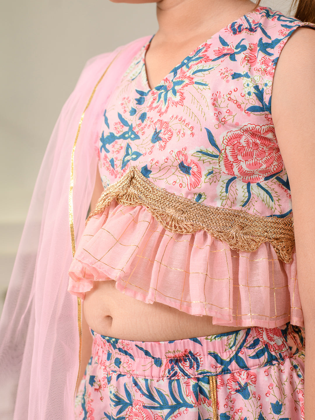 Girls Printed Ready to Wear Lehenga & Blouse With Dupatta (L-PINKBLUEJAAL)