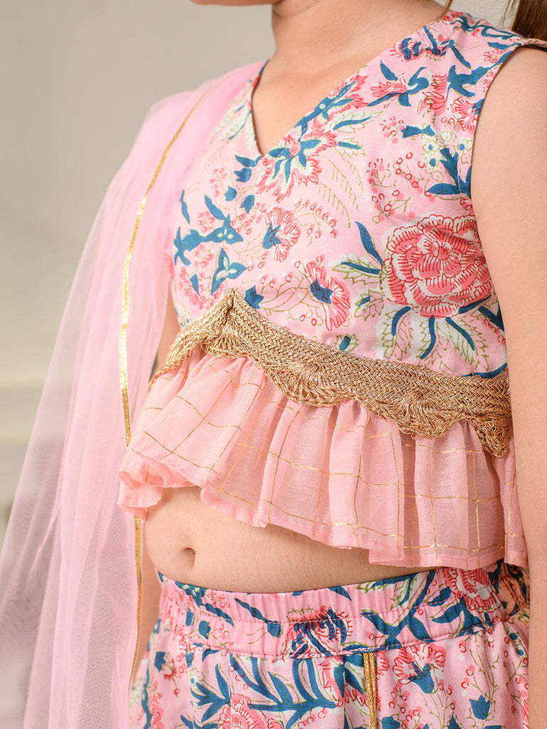 Girls Printed Ready to Wear Lehenga & Blouse With Dupatta (L-PINKBLUEJAAL)