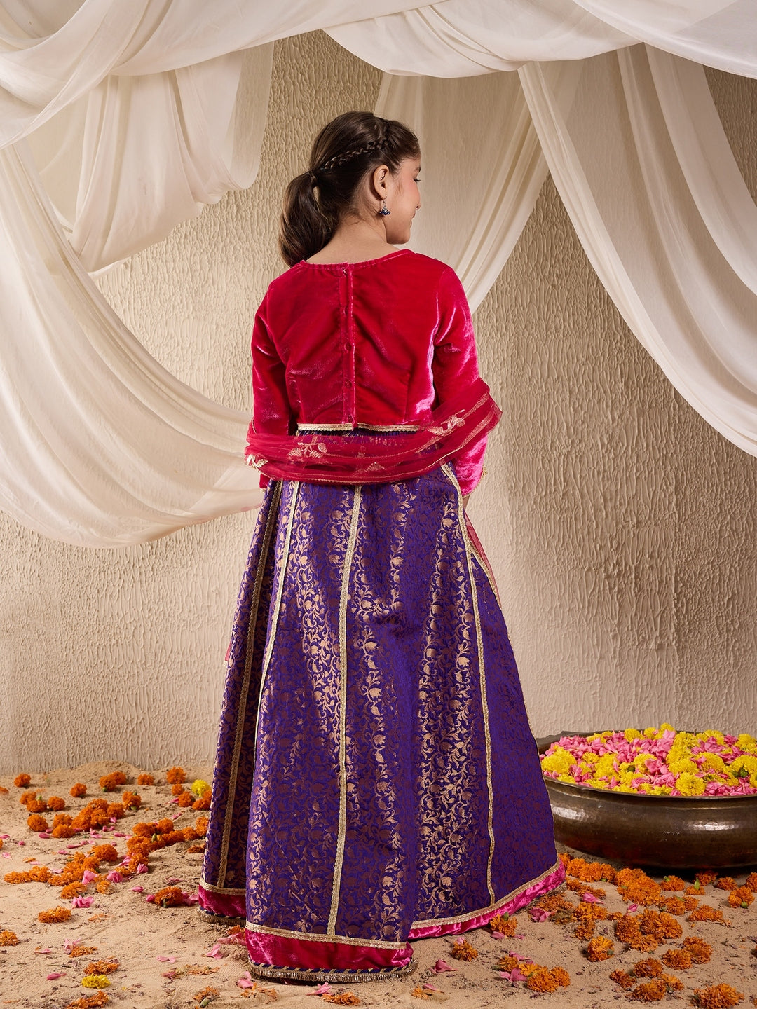 Pspeaches Girls Embroidered Ready To Wear Lehenga & Blouse With Dupatta (L-PURPLEBROCADE)