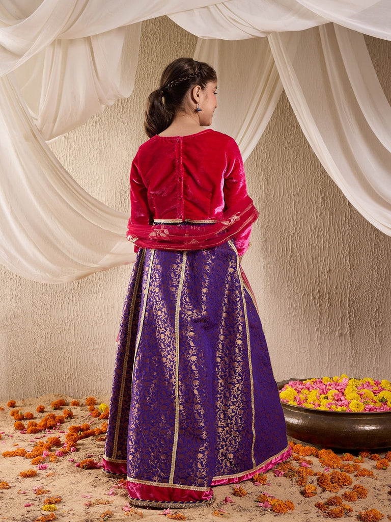 Pspeaches Girls Embroidered Ready To Wear Lehenga & Blouse With Dupatta (L-PURPLEBROCADE)