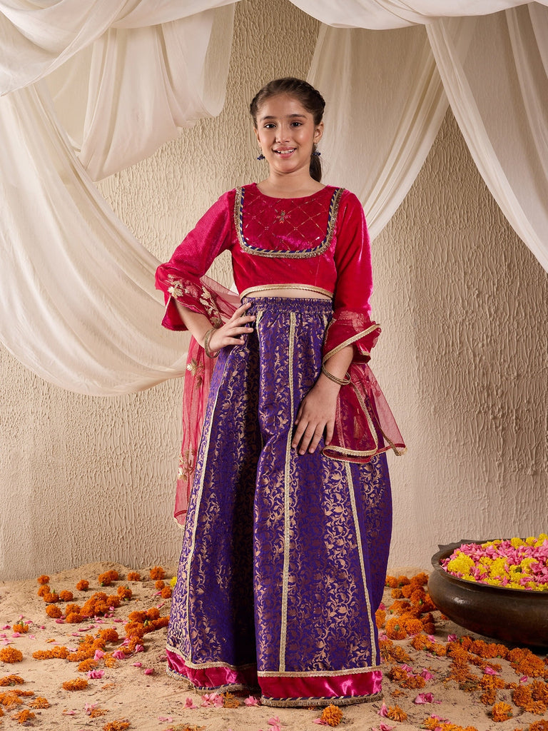 Pspeaches Girls Embroidered Ready To Wear Lehenga & Blouse With Dupatta (L-PURPLEBROCADE)