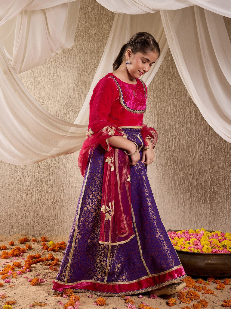 Pspeaches Girls Embroidered Ready To Wear Lehenga & Blouse With Dupatta (L-PURPLEBROCADE)