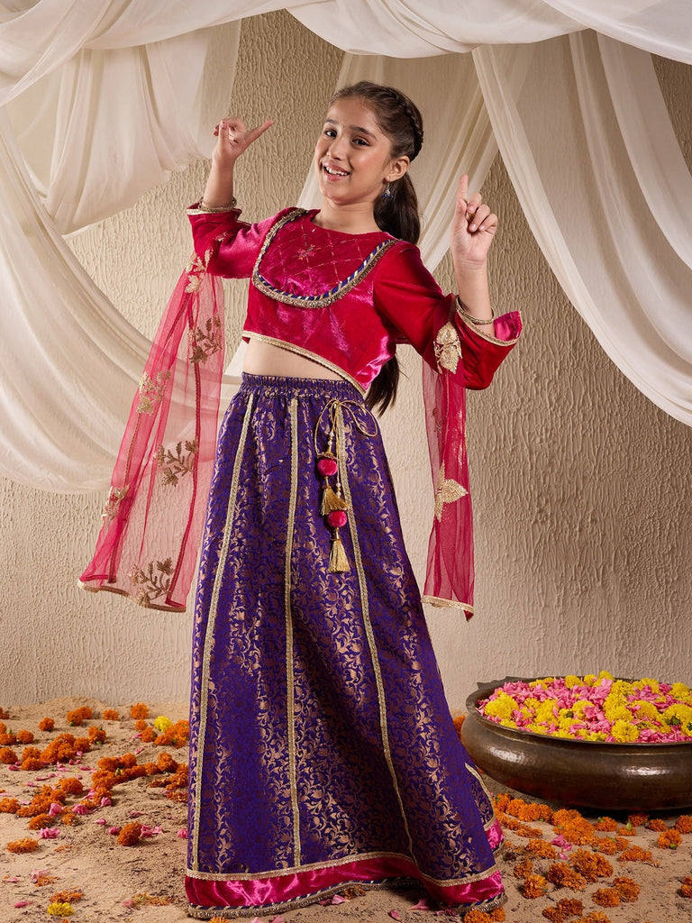 Pspeaches Girls Embroidered Ready To Wear Lehenga & Blouse With Dupatta (L-PURPLEBROCADE)