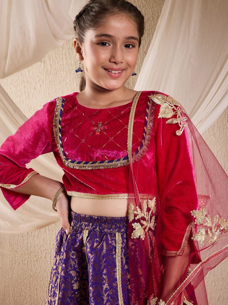 Pspeaches Girls Embroidered Ready To Wear Lehenga & Blouse With Dupatta (L-PURPLEBROCADE)