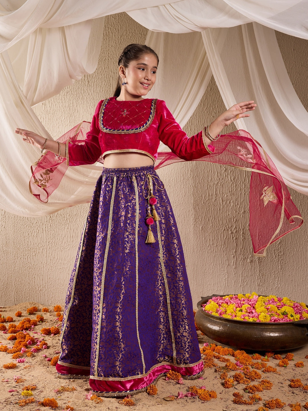 Pspeaches Girls Embroidered Ready To Wear Lehenga & Blouse With Dupatta (L-PURPLEBROCADE)