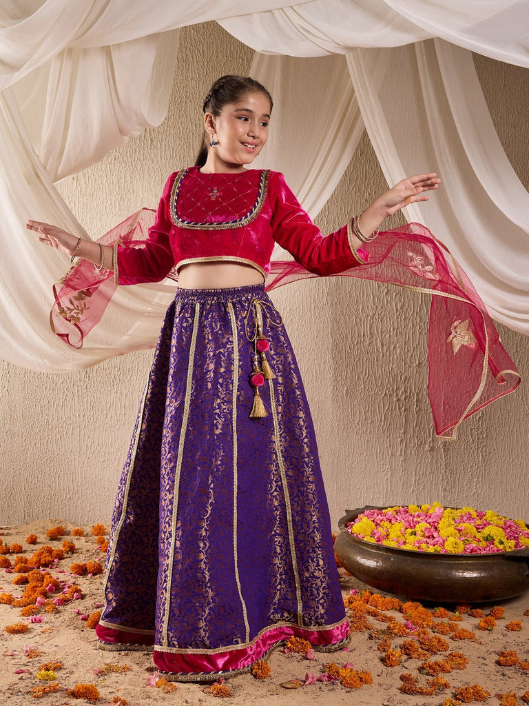 Pspeaches Girls Embroidered Ready To Wear Lehenga & Blouse With Dupatta (L-PURPLEBROCADE)