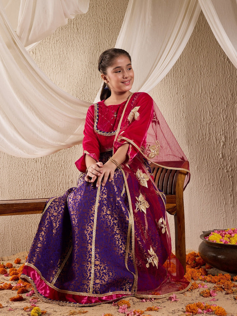 Pspeaches Girls Embroidered Ready To Wear Lehenga & Blouse With Dupatta (L-PURPLEBROCADE)