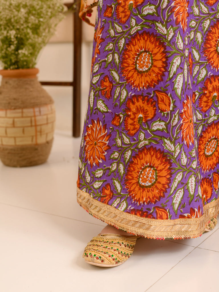 Girls Floral Printed Ready to Wear Lehenga Choli With Over Coat (L-PURPLEORANGEFLOWER)