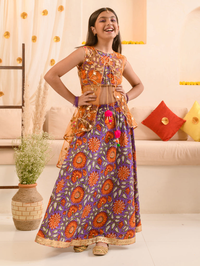 Girls Floral Printed Ready to Wear Lehenga Choli With Over Coat (L-PURPLEORANGEFLOWER)
