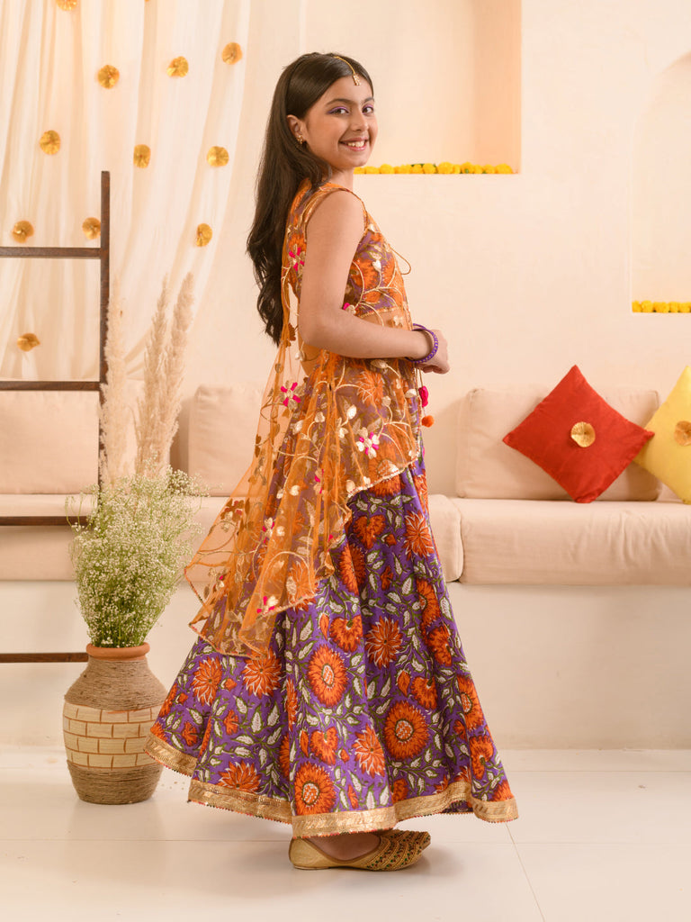 Girls Floral Printed Ready to Wear Lehenga Choli With Over Coat (L-PURPLEORANGEFLOWER)