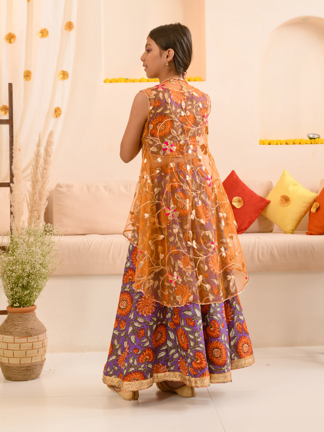 Girls Floral Printed Ready to Wear Lehenga Choli With Over Coat (L-PURPLEORANGEFLOWER)