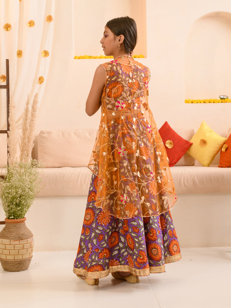 Girls Floral Printed Ready to Wear Lehenga Choli With Over Coat (L-PURPLEORANGEFLOWER)