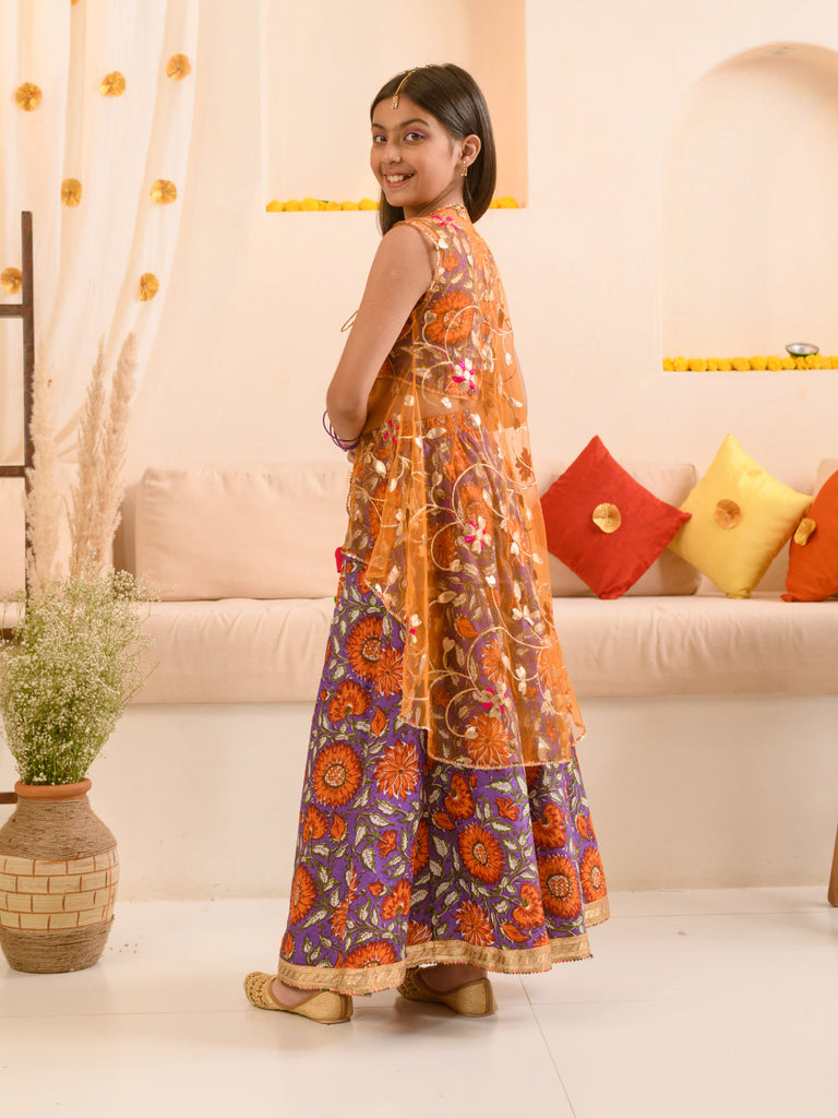 Girls Floral Printed Ready to Wear Lehenga Choli With Over Coat (L-PURPLEORANGEFLOWER)