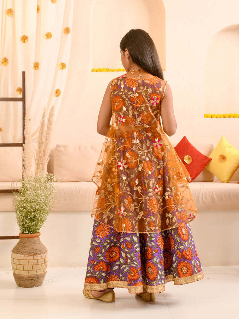 Girls Floral Printed Ready to Wear Lehenga Choli With Over Coat (L-PURPLEORANGEFLOWER)