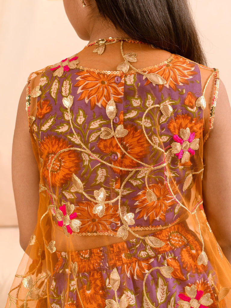 Girls Floral Printed Ready to Wear Lehenga Choli With Over Coat (L-PURPLEORANGEFLOWER)