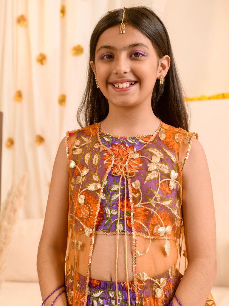Girls Floral Printed Ready to Wear Lehenga Choli With Over Coat (L-PURPLEORANGEFLOWER)