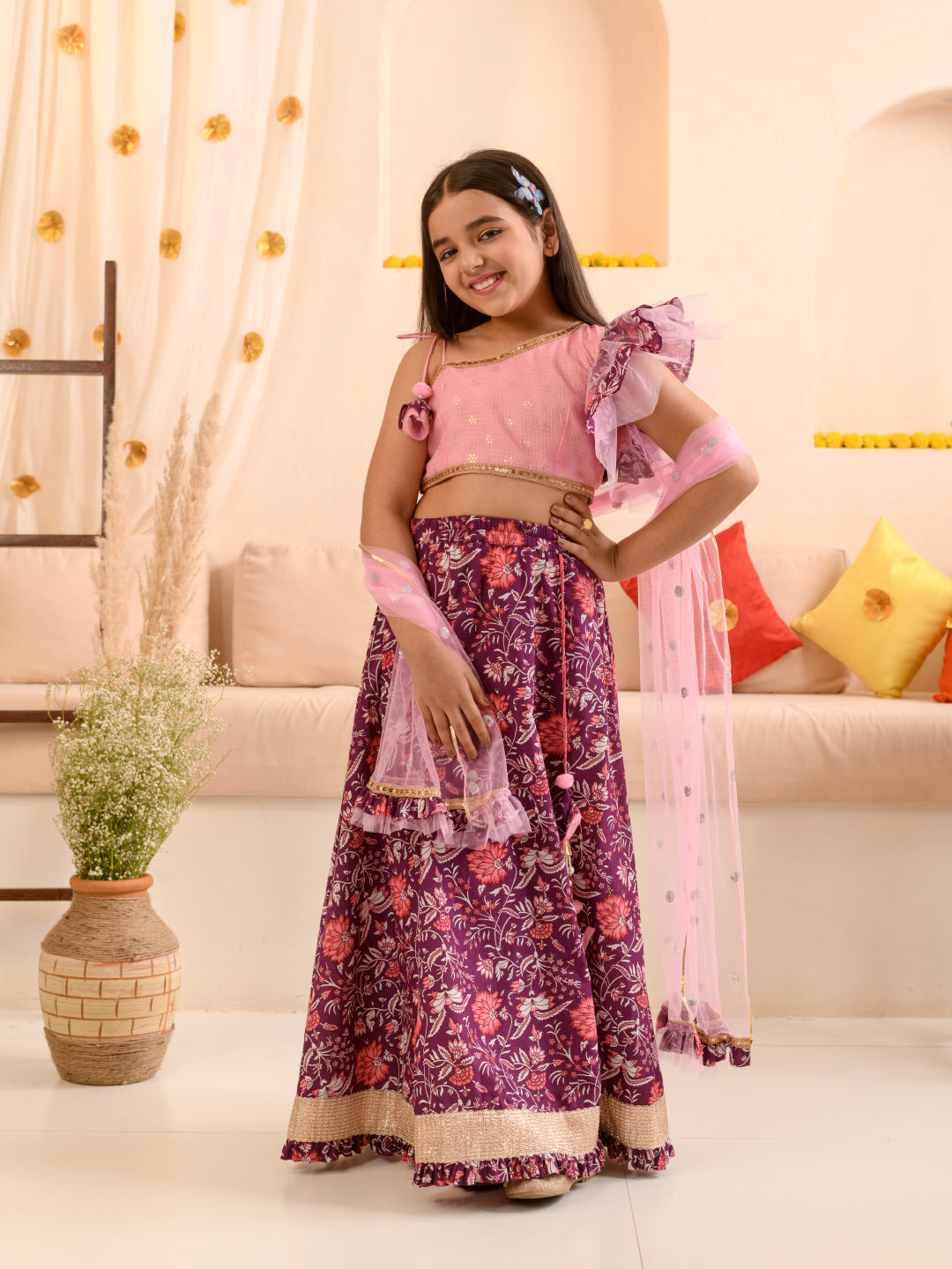 Girls Printed Ready to Wear Lehenga & Blouse With Dupatta (L-PURPLEPINKFLOWER)