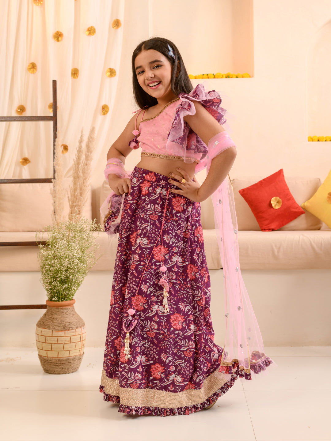 Girls Printed Ready to Wear Lehenga & Blouse With Dupatta (L-PURPLEPINKFLOWER)