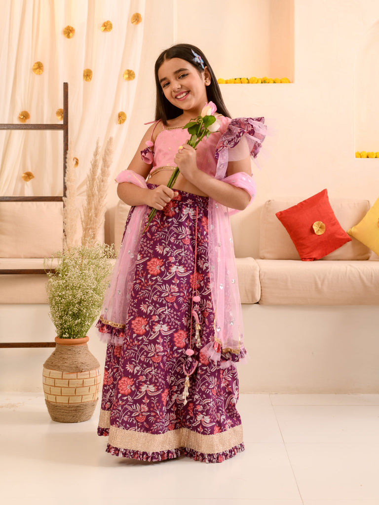 Girls Printed Ready to Wear Lehenga & Blouse With Dupatta (L-PURPLEPINKFLOWER)