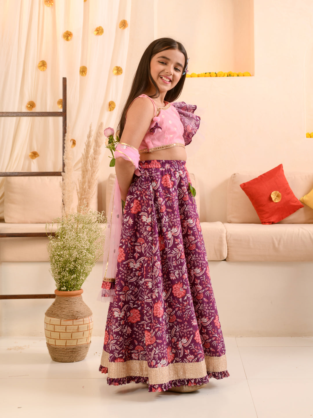 Girls Printed Ready to Wear Lehenga & Blouse With Dupatta (L-PURPLEPINKFLOWER)
