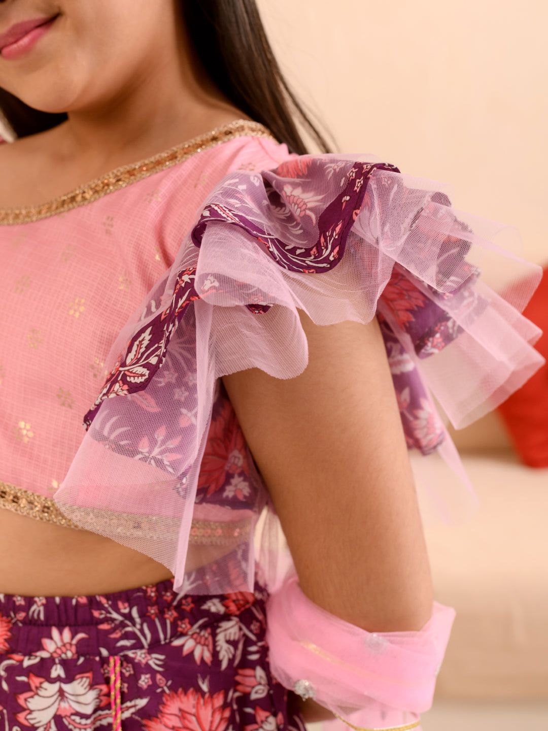 Girls Printed Ready to Wear Lehenga & Blouse With Dupatta (L-PURPLEPINKFLOWER)