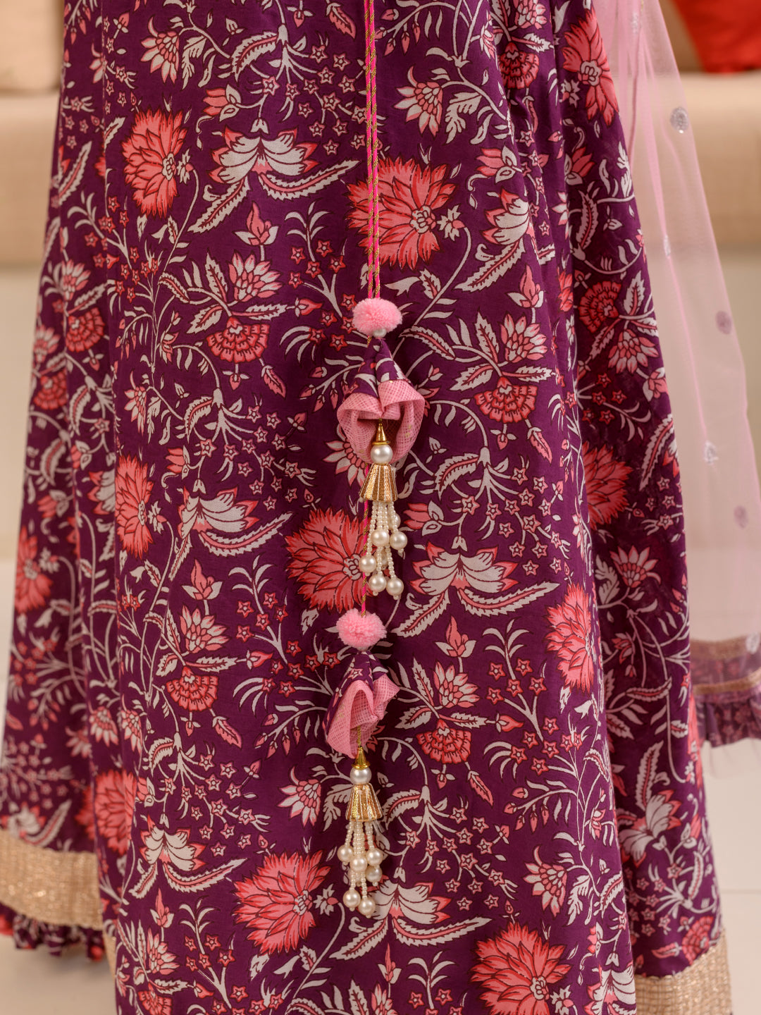Girls Printed Ready to Wear Lehenga & Blouse With Dupatta (L-PURPLEPINKFLOWER)