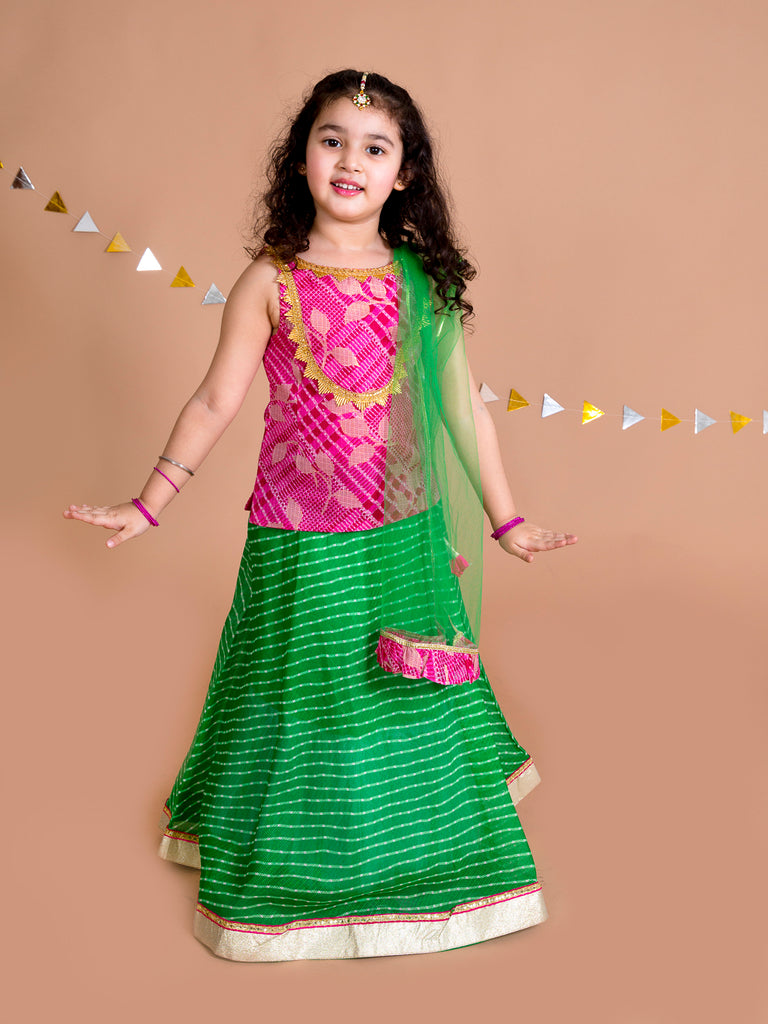 Pspeaches Girls Green Pink Ready To Wear Lehenga Blouse With Dupatta (L-PINK GREEN)
