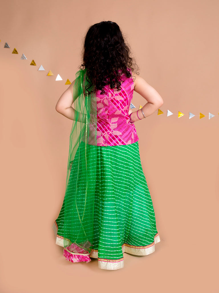 Pspeaches Girls Green Pink Ready To Wear Lehenga Blouse With Dupatta (L-PINK GREEN)