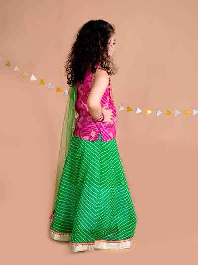 Pspeaches Girls Green Pink Ready To Wear Lehenga Blouse With Dupatta (L-PINK GREEN)