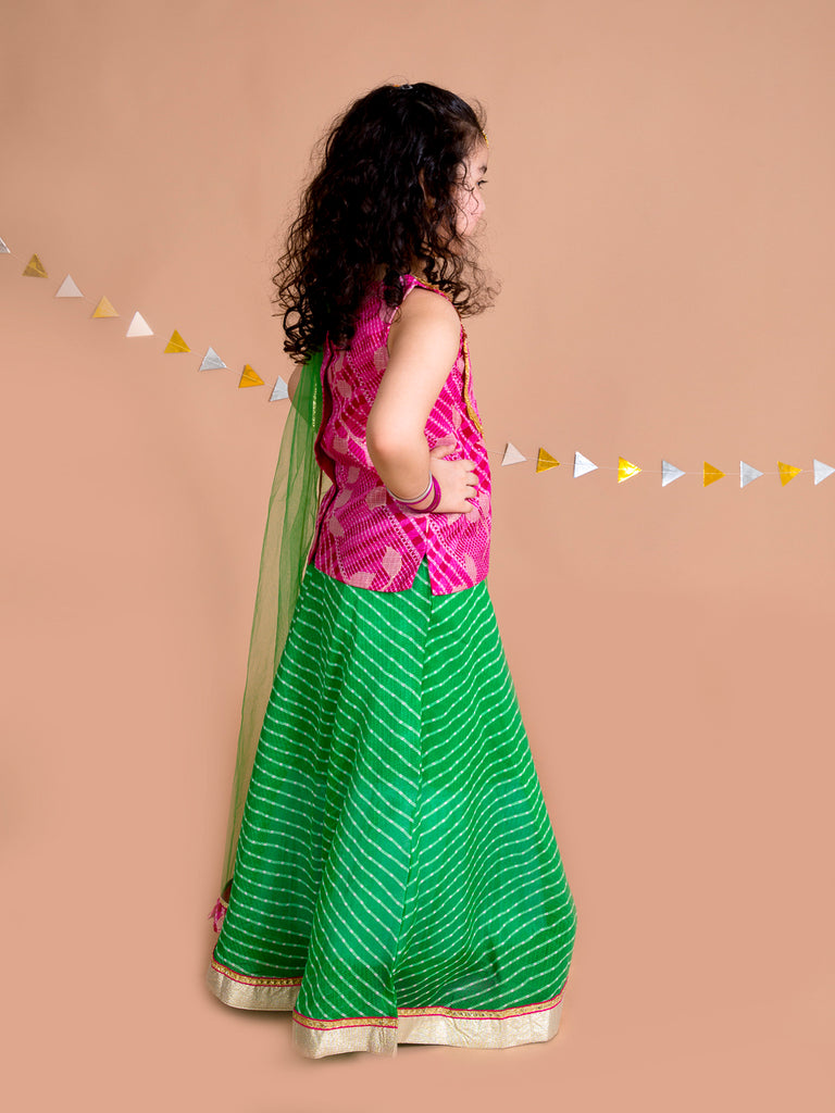 Pspeaches Girls Green Pink Ready To Wear Lehenga Blouse With Dupatta (L-PINK GREEN)