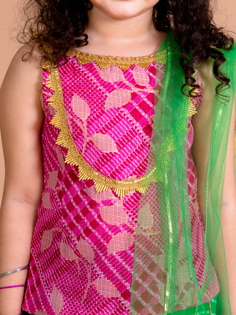 Pspeaches Girls Green Pink Ready To Wear Lehenga Blouse With Dupatta (L-PINK GREEN)