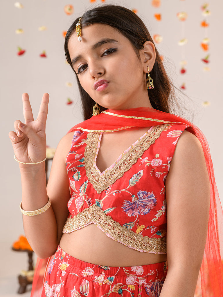Girls Printed Ready to Wear Lehenga & Blouse With Dupatta (L-REDPINKFLOWER)