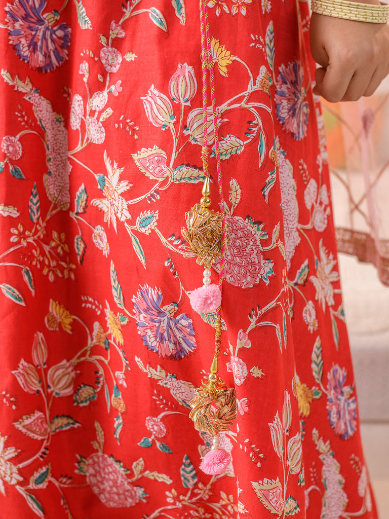 Girls Printed Ready to Wear Lehenga & Blouse With Dupatta (L-REDPINKFLOWER)