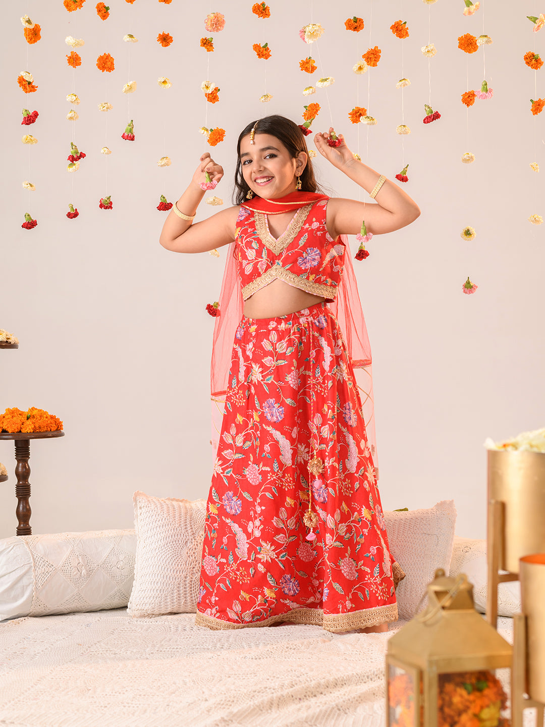Girls Printed Ready to Wear Lehenga & Blouse With Dupatta (L-REDPINKFLOWER)