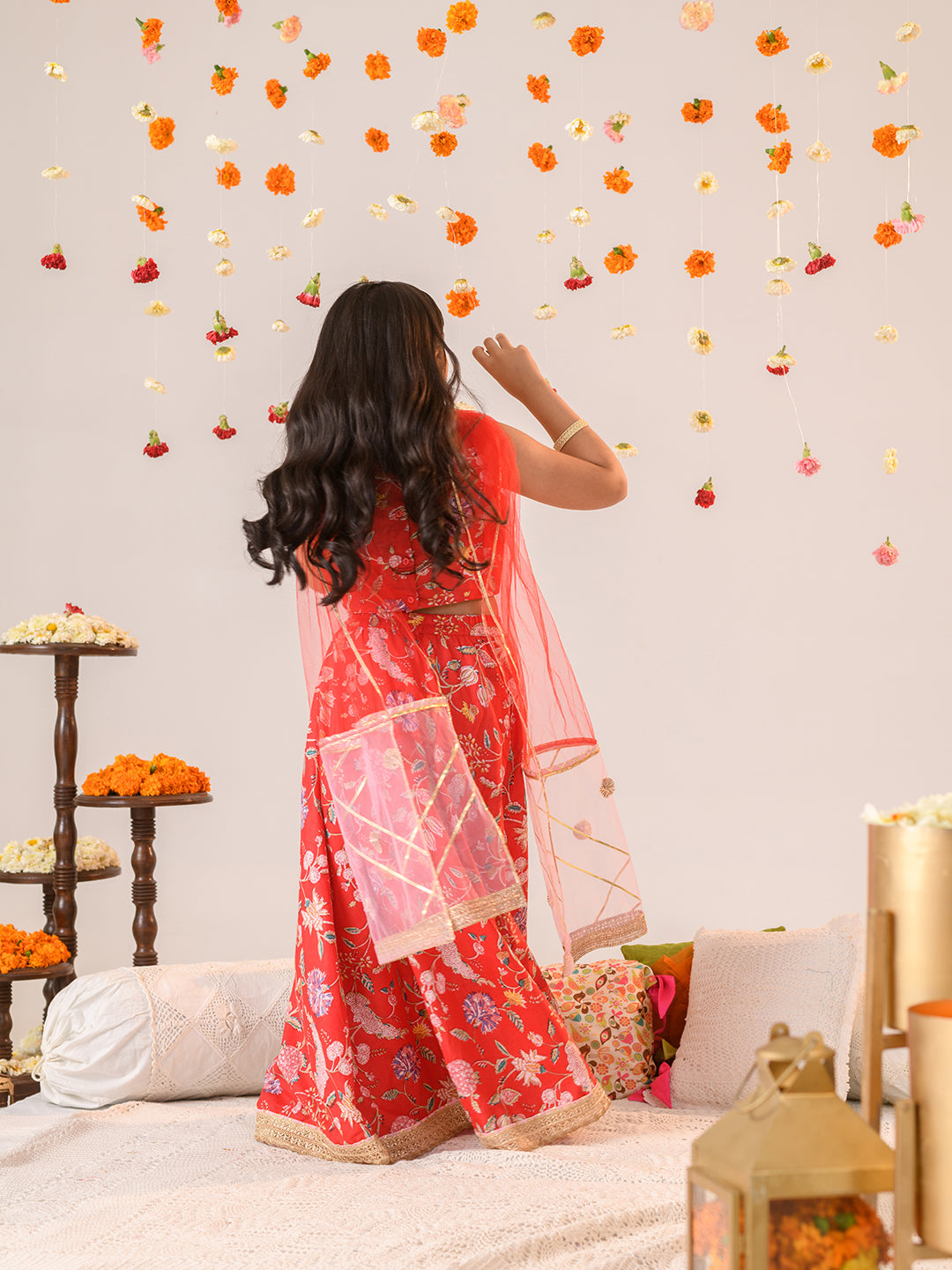 Girls Printed Ready to Wear Lehenga & Blouse With Dupatta (L-REDPINKFLOWER)