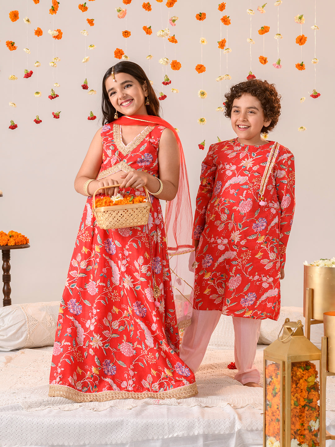 Girls Printed Ready to Wear Lehenga & Blouse With Dupatta (L-REDPINKFLOWER)