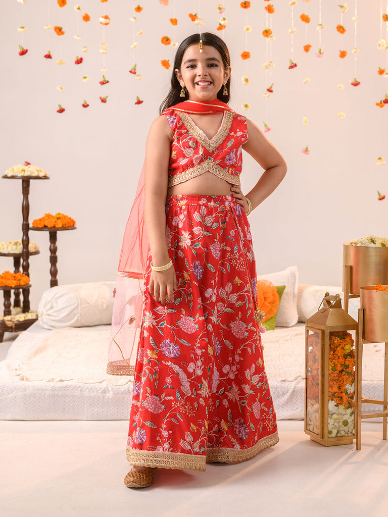 Girls Printed Ready to Wear Lehenga & Blouse With Dupatta (L-REDPINKFLOWER)