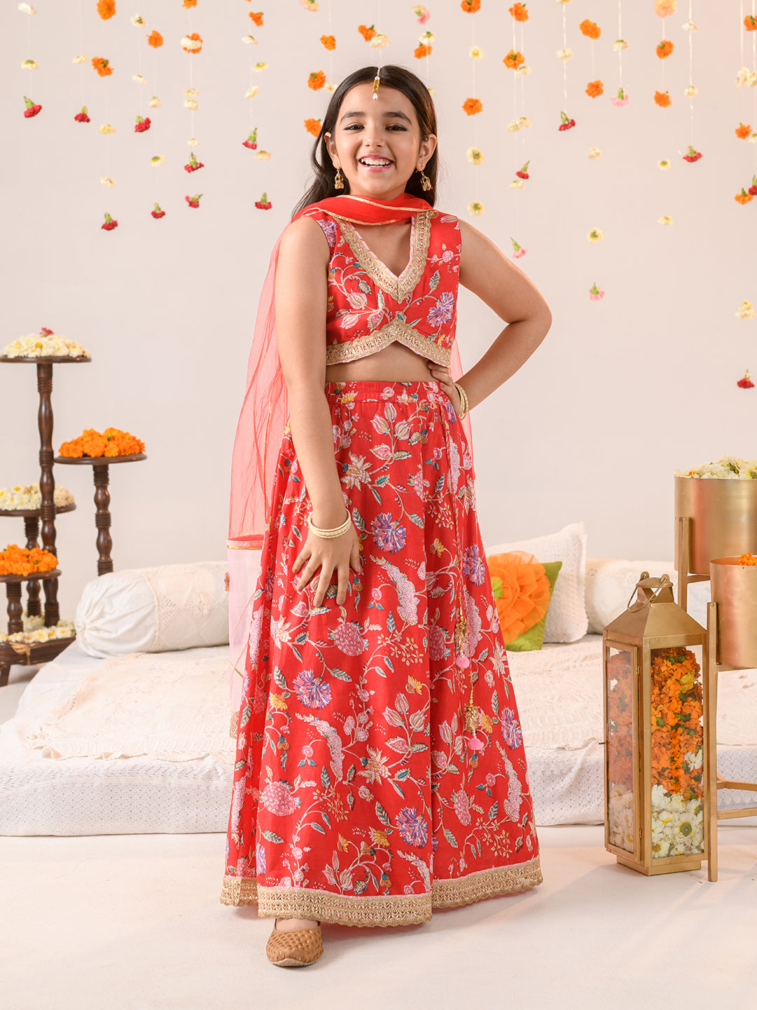 Girls Printed Ready to Wear Lehenga & Blouse With Dupatta (L-REDPINKFLOWER)