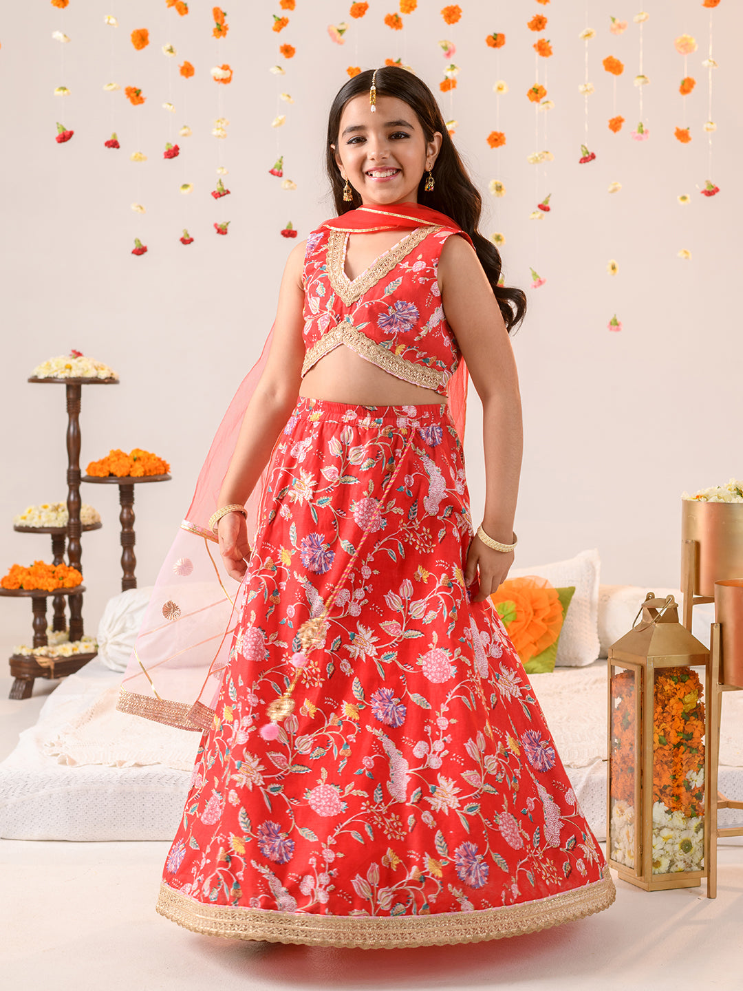 Girls Printed Ready to Wear Lehenga & Blouse With Dupatta (L-REDPINKFLOWER)
